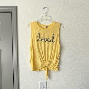Yellow “loved” Tie front Tank - XL